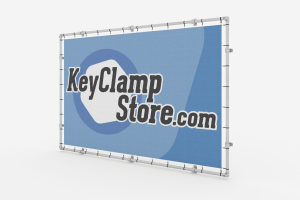 A PVC Banner, printed and hung in a steel frame made from key clamp.