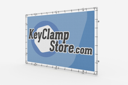 A PVC Banner, printed and hung in a steel frame made from key clamp.