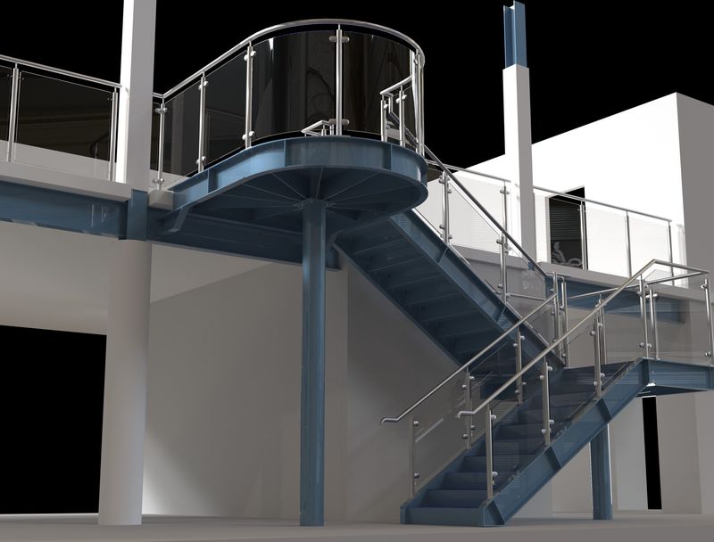 3D design visual of a staircase with stainless steel and glass balustrade